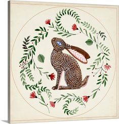 a painting of a brown rabbit surrounded by flowers and greenery on a white background