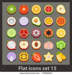 flat icons set 15 with different fruits and vegetables on grey background, eps file format