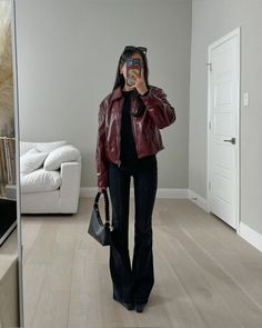 Maroon Leather Jacket Outfit, Maroon Shirt Outfit, Burgundy Leather Jacket Outfit, Burgundy Jacket Outfit, Heels Work Outfit, Red Leather Jacket Outfit, Fall Jackets Outfit, Maroon Leather Jacket, Maroon Outfit