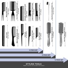 AC053 - 10-Hair Combs by Wig Aisle - WIG AISLE ACCESSORY BUNDLE: contains useful tools for styling your hair and wigs. 10-piece comb set (optional add-on accessories available to choose)..ADDITIONAL INFORMATION:Type: Accessory BundleLength: VariesStyle: AccessorySize: Useful for many hair lengths and texturesAccessory BundleVersatile assorment of combs and brushes for styling both human and synthetic hair.COLOR INFORMATION: Select a desired COLOR and SIZE above before placing your item in the ca Types Of Combs And Their Uses, Types Of Combs, Types Of Hair Accessories, Combs And Brushes, Styling Your Hair, Hair Science, Healthy Hair Routine, Color Hairstyles, Cosmetology Student