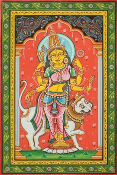 Standing Lion, Hindu Cosmos, Phad Painting, Indian Mythology, Contemporary Folk Art, Spiritual Paintings, Durga Painting