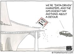 a car driving over a bridge with a sign that reads we're data driven marketers and the gps doesn't say anything about a detour