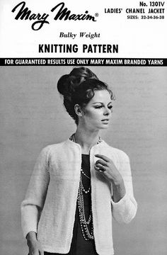 an advertisement for mary mann's knitting pattern, featuring a woman in black and white