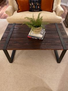 a living room with a coffee table and couch