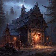 a painting of a house in the middle of a forest at night with lights on