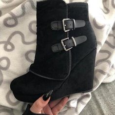 Style: Daily. Casual Item: Boots Upper Material: Faux Suede Toe: Round Toe Closure Type: Zipper Heels: Wedge Heel Basic Boots, Zipper Fashion, Wedge Heel Boots, Zippers Fashion, Zipper Heels, Round Toe Shoes, Black Wedge, Boots High