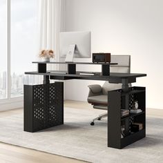 an office desk with a computer on top of it