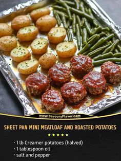 meatballs, green beans and potatoes on a sheet pan with text overlay that says sheet pan mini meatloaf and roasted potatoes