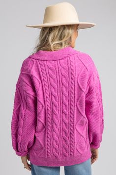 Corley Cable Sweater, Hot Pink - New Arrivals - The Blue Door Boutique Pink Casual Cable Knit Sweater, Pink Chunky Knit Acrylic Sweater, Pink Acrylic Cable Knit Sweater, Hot Pink Winter Sweater, Playful Pink Winter Sweater, Hot Sweater, Cable Sweater, Blue Door, Wear Pink