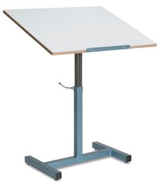 a standing desk with a white top and blue frame on the bottom, in front of a white background