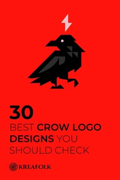 a black bird sitting on top of a red background with the words 30 best crow logo designs you should check