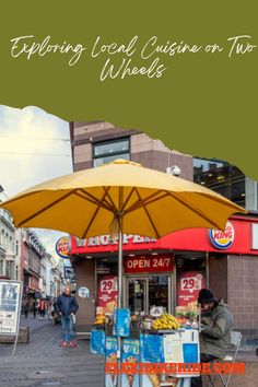 an image of a man selling food on the street with text overlay reading exploring local cuisine on two wheels