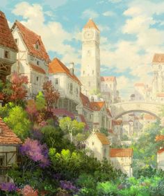 a painting of a city with lots of trees and flowers in front of the buildings