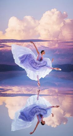 a woman in a purple dress is dancing on the water with clouds and blue sky behind her