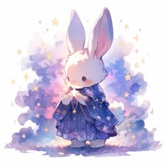 a white rabbit wearing a blue dress and stars