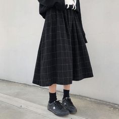 Color: Black, Size: One Size Grid Skirt, Long Plaid Skirt, Empire Pattern, Preppy Mode, Plaid Dresses, Dark Academia Clothing, Y2k Aesthetic Fashion, High Waist Long Skirt, Winter Plaid