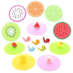 a bunch of different types of fruit on a white background with one piece cut out