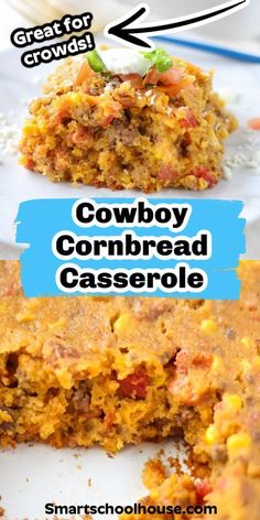 two pieces of cowboy cornbread casserole are stacked on top of each other