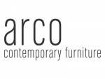 the logo for arco contemporary furniture and design, with black letters on white background