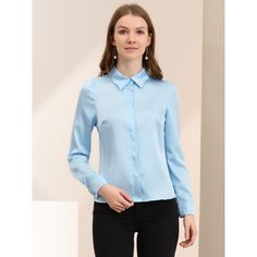 The long-sleeve fit of this shirt flatters most body types and provides enough coverage for a modest yet stylish look. The button-up front of this shirt makes it easy to wear and provides a timeless and classic look that never goes out of style. This shirt can be paired with dress pants or skirts for a formal workwear look, or dressed down with jeans or shorts for a more casual yet polished outfit. Satin Tops, Formal Workwear, Women's Office, Womens Office, Satin Shirt, Satin Top, Women's Shirts, Womens Clothing Sizes, Shop Blouses