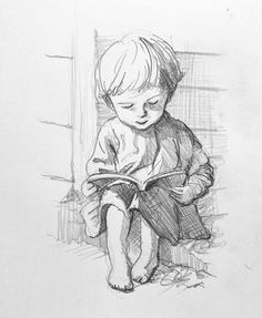 a drawing of a little boy sitting on the floor reading a book with his legs crossed