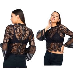 Long Sleeve Lace Bell Blouse Black Lace Mesh Sleeve Blouse Gorgeous Black Lace Top Mock Turtleneck High Neck Plus Size 1xl To 2xl New Without Tag You Can Wear It As A Blouse Or Jacket Cardigan Sweater From Love University Looks Fabulous On With A High Neck Sl Cropped Body All Lace And Part Of Sleeve The Rest Of The Sleeves Are Sheer And Go Into A Bell With Lace Trim. The Back Has A Silver Colored Zipper All The Way Up. Easy To Put On. Really Sexy And Sophisticated Looking. A Nude Or Black Brazie Stretch Lace Top For Party, Fitted Top With Lace Sleeves For Night Out, Fall Party Tops With Lace Sleeves, Lace Top For Party In Fall, Long Sleeve Lace Crop Top For Party, Chic Party Tops With Lace Sleeves, Lace Long Sleeve Top For Night Out, Elegant Crop Top With Sheer Sleeves For Night Out, Elegant Long Sleeve Lace Crop Top