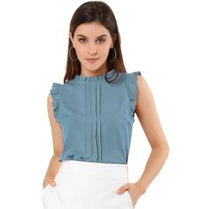 Regular fit and universally flattering, while the ruffle-edged sleeveless make the piece truly extraordinary. The ruffled sleeveless design would be showing demure, feminine grace, and also lends shape and texture. Crafted from a lightweight material, it is shaped with an elegant crew neckline, pleats detailing, and comes in a relaxed cut for easy, breezy wear. This vintage blouse top is designed with ruffled trim and solid color, and especially for a professional look at work. Size: large. Colo Sleeveless Ruffle Blouse, Ruffled Sleeveless Blouse For Work, Ruffled Sleeveless Blouse Tank Top For Work, Ruffled Tank Top For Workwear, Blue Ruffled Sleeveless Blouse, Blue Sleeveless Ruffled Tops, Feminine Sleeveless Blue Blouse, Beach Wrap Dress, White Peasant Blouse