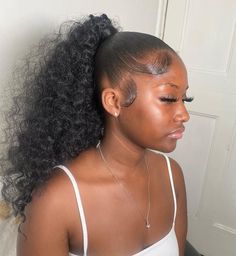 Slicked Ponytail with Kinky Curls Sleek Ponytail With Extensions, Braided Hairstyles Slick Back, Curly Ponytail Slick Back, Slick Ponytail Curly Weave, Slick Back With Curly Ponytail, Slick Back Braided Ponytail Weave Curly, Curly Bundle Ponytail, Ponytail With Tracks, Slick Ponytail Weave Curly Hair