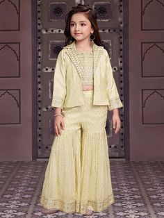 Best suited for any special occasion, your child is sure to garner adoring looks with this cream silk jacket style sharara suit. Featuring a dazzling sequins and zari work design, it makes for a standout piece at any event. Father's Day Specials, Sharara Suit, Cream Jacket, Cream Silk, Work Design, Zari Work, Silk Jacket, Salwar Suits, Jacket Style