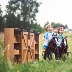 two dolls sitting on top of horses in the grass next to a wooden box and fence