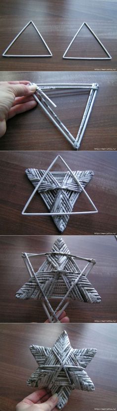 four pictures showing how to make an origami snowflake