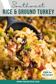 a spoon full of rice and ground turkey casserole with the title above it