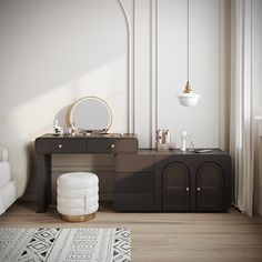 a bathroom with a vanity, stool and mirror