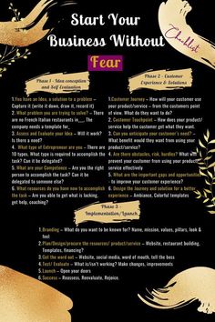 a black and gold poster with words on it that say start your business without fear