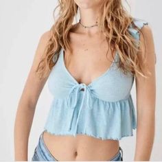 Baby Blue. New With Tags. Size Medium. Casual V-neck Crop Top With Ruffles, Casual V-neck Ruffled Crop Top, Sparkly Tank Top, American Eagle Top, Orange Tank Top, Womens Cami, Mens Outfitters, Flutter Sleeves, Cropped Tank Top