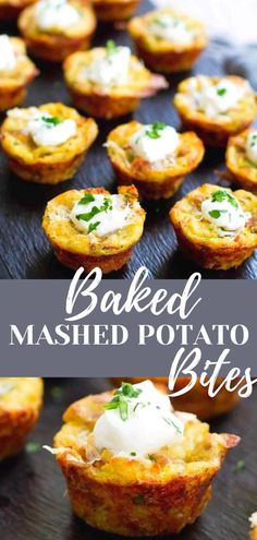 baked mashed potato bites with sour cream and parsley in the middle on a baking sheet