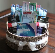 A great gift basket for a giveaway! Dental Office Gift Basket Ideas, Ortho Marketing, Dental Office Marketing, Dental Hygienist School, Dental Advertising, Target Top, Dental Posts, Dental Work