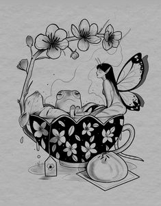 a drawing of a woman sitting in a teacup with flowers and butterflies around her