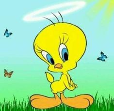 the yellow bird is sitting in the grass with butterflies flying around it's feet