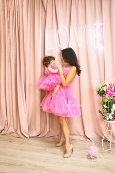 Mommy And Me Wedding Guest Outfits, Birthday Dress With Tulle Skirt, Sleeveless Tulle Tutu Dress For Wedding, Pink Tulle Tutu Dress For Wedding, Sleeveless Organza Tutu Dress For Wedding, Pink Tulle Skirt Dress For Wedding Guest, Mommy And Me Outfits Dresses, Hot Pink Tulle Dress, Tulle Dress Photoshoot