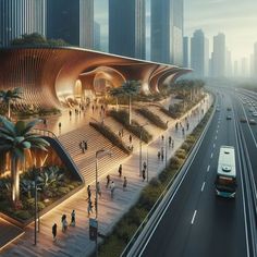 an artist's rendering of a bus station in the middle of a busy city