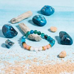 Handcrafted on a tension tested stretch cord with authentic Apatite, Clear Quartz, and Sunstone gemstones. Sunstone Bracelet, Jewelry Diy, Clear Quartz, Beaded Bracelets, Bracelet, Beads, Gemstones, Crystals