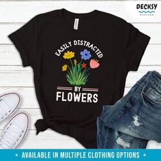 Flower Tshirt, Botanical Wildflowers Gift-Clothing:Gender-Neutral Adult Clothing:Tops & Tees:T-shirts:Graphic Tees-DecksyDesigns Black Floral Print Casual T-shirt, Trendy Black Floral Print T-shirt, Black Crew Neck T-shirt With Plant Print, Black Graphic Tee With Plant Print, Spring Black T-shirt With Floral Print, Black Graphic Tee With Plants Print, Black Floral Print T-shirt For Spring, Casual Black T-shirt With Plant Print, Casual Black T-shirt With Floral Print