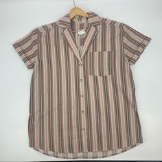 Free People Mauve Brown Tan Striped Short Sleeve Oversized Button Down Shirt M It Has Only Retail Store Tj Maxx Tags And Buttons Sleeve Attached. No Brand Tag. Black Denim Shirt, Oversized Button Down Shirt, Puff Sleeve Shirt, Multi Color Blouse, Crochet Lace Top, Oversized Blouse, Free People Denim, Striped Short, Denim Cotton