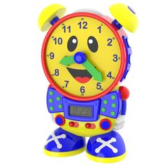 a toy clock that is shaped like a cartoon character with big eyes and hands on it's face