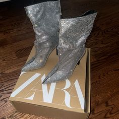 Nwt Zara Sparkly High Heel Ankle Boots Size 6.5 Or 37 Euro Color Silver Sparkle With Black Thin High Heel 4” Never Worn Comes With Box Sparkly High Heels, Cowboy Ankle Boots, Black Cowboy Boots, High Heel Ankle Boots, Black Chunky Heels, Zara Boots, High Leather Boots, Leather Heeled Boots, Block Heel Ankle Boots