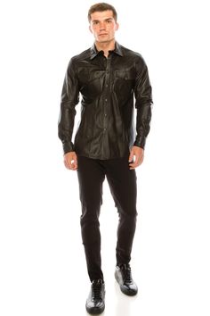 Snap Button Genuine Leather Shirt - Dark Brown - Ron Tomson Leather Shirt Jacket, Jackets Men Fashion, Roll Neck Sweater, Men's Jackets, Leather Shirt, Roll Neck, Lambskin Leather, Workout Tee, Jacket Style