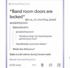 an image of a text message with the words band room doors are locked on it