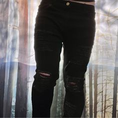 Black Distressed Denim Skinny Jeans Ripped Fitted Punk Jeans, Punk Ripped Fitted Jeans, Punk Style Ripped Fitted Jeans, Fitted Ripped Punk Jeans, Black Ripped Cotton Jeans, Edgy Ripped Fitted Jeans, Edgy Ripped Washed Black Jeans, Distressed Fitted Alternative Bottoms, Distressed Stretch Jeans In Grunge Style