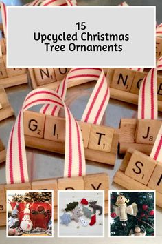 wooden scrabbles with red and white ribbons on them are arranged in the shape of letters that spell out christmas tree ornaments